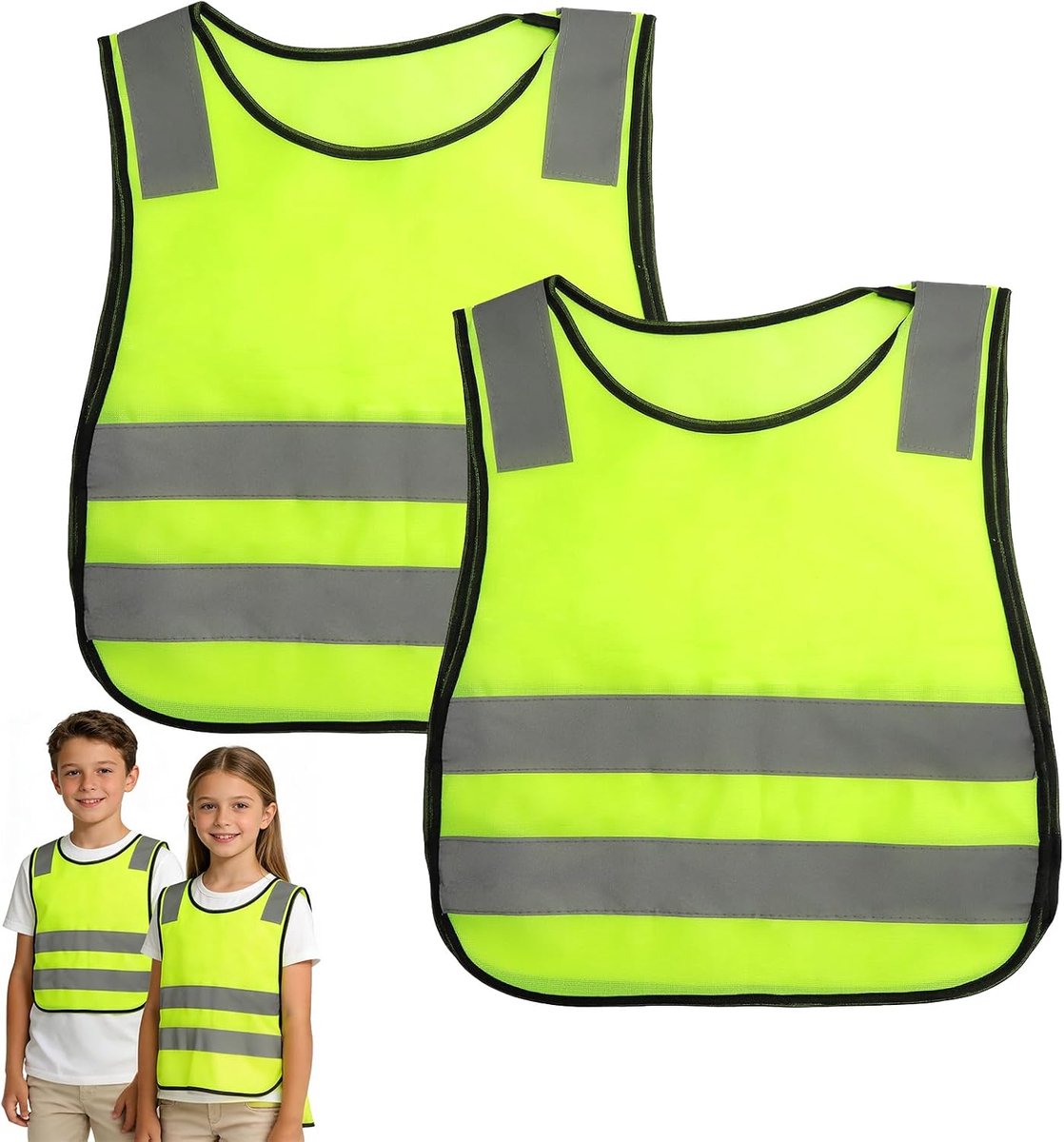 2 stuks veiligheidsvest voor in de auto, reflecterend veiligheidsvest, veiligheidsvest voor naar school, fietsen en in het verkeer, geschikt voor kinderen, goed zichtbaar geel