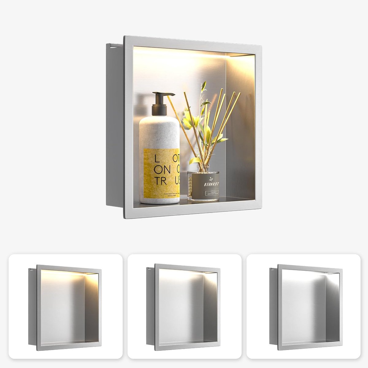 Roestvrij staal met led, 30 × 30 × 10 cm, geborsteld | Inbouwdoucheruimte met 3 instelbare kleurtemperaturen voor het opbergen van de badkamer, ideaal voor badkamerrenovatie
