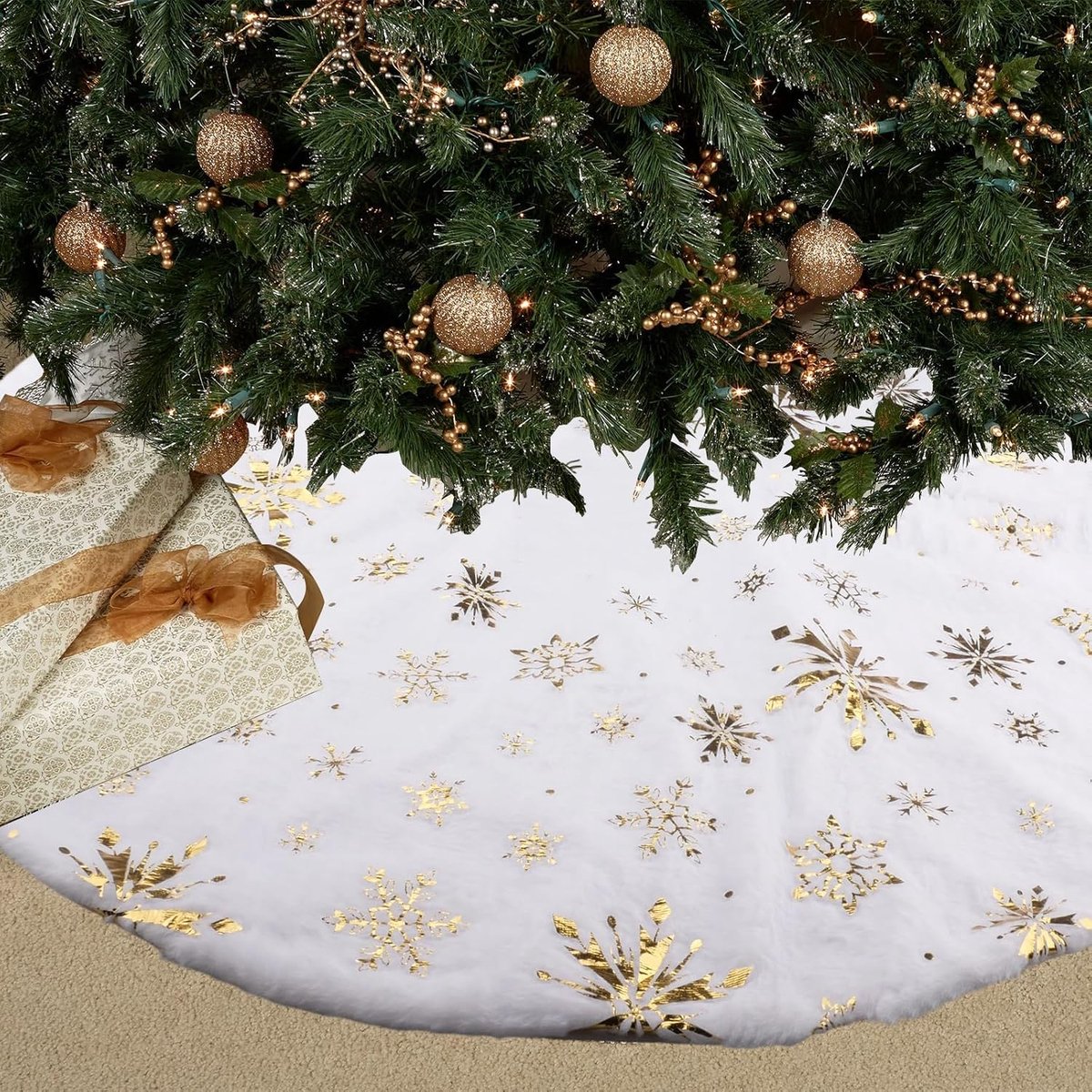 90 cm, witte kerstboomdeken, pluche, met gouden pailletten, sneeuwvlokken, ter decoratie, kerstfeesten en Nieuwjaar
