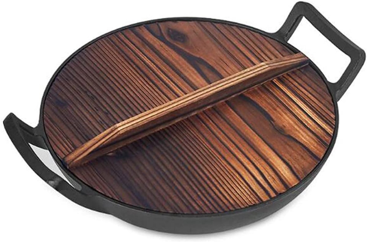 Met deksel 36cm gietijzeren wok vlakke onderkant verdikt dubbele oor wok