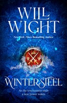 Boekomslag van Wintersteel, met de tekst "Wil Wight", "New York Times Bestselling Author", "Wintersteel" en "As the tournament ends a new power wakes" op een blauwe, ijzige achtergrond met een schild met twee zwaarden.