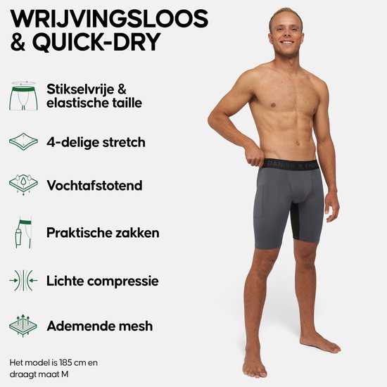Man draagt een donkergrijze lange sportbroek met elastische tailleband met logo. De broek heeft een zak op de heup.