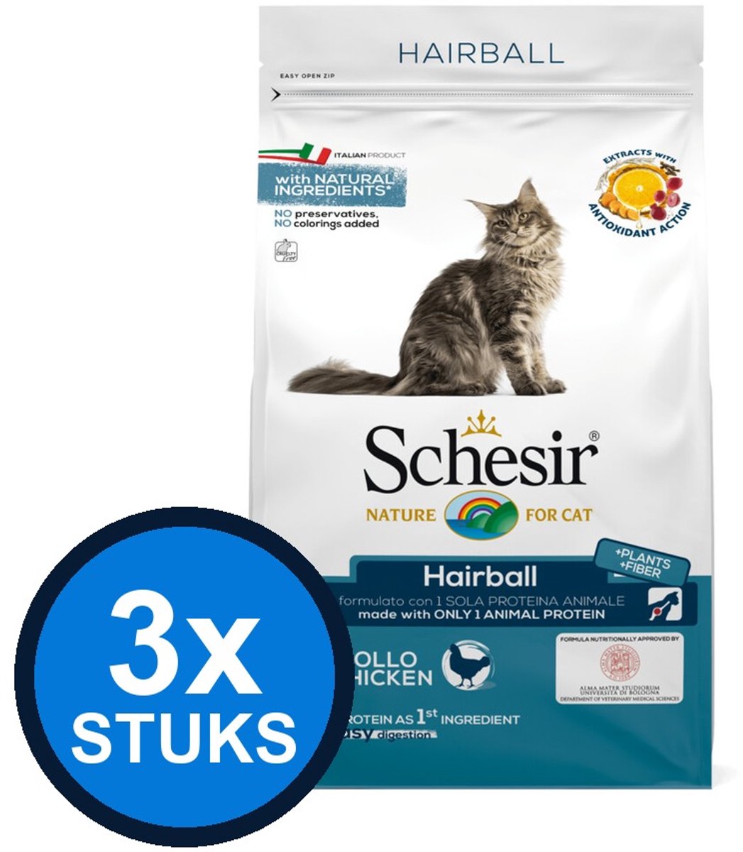 3x Schesir - Kattenvoer - Droogvoer - Hairball Kip - 1,5kg