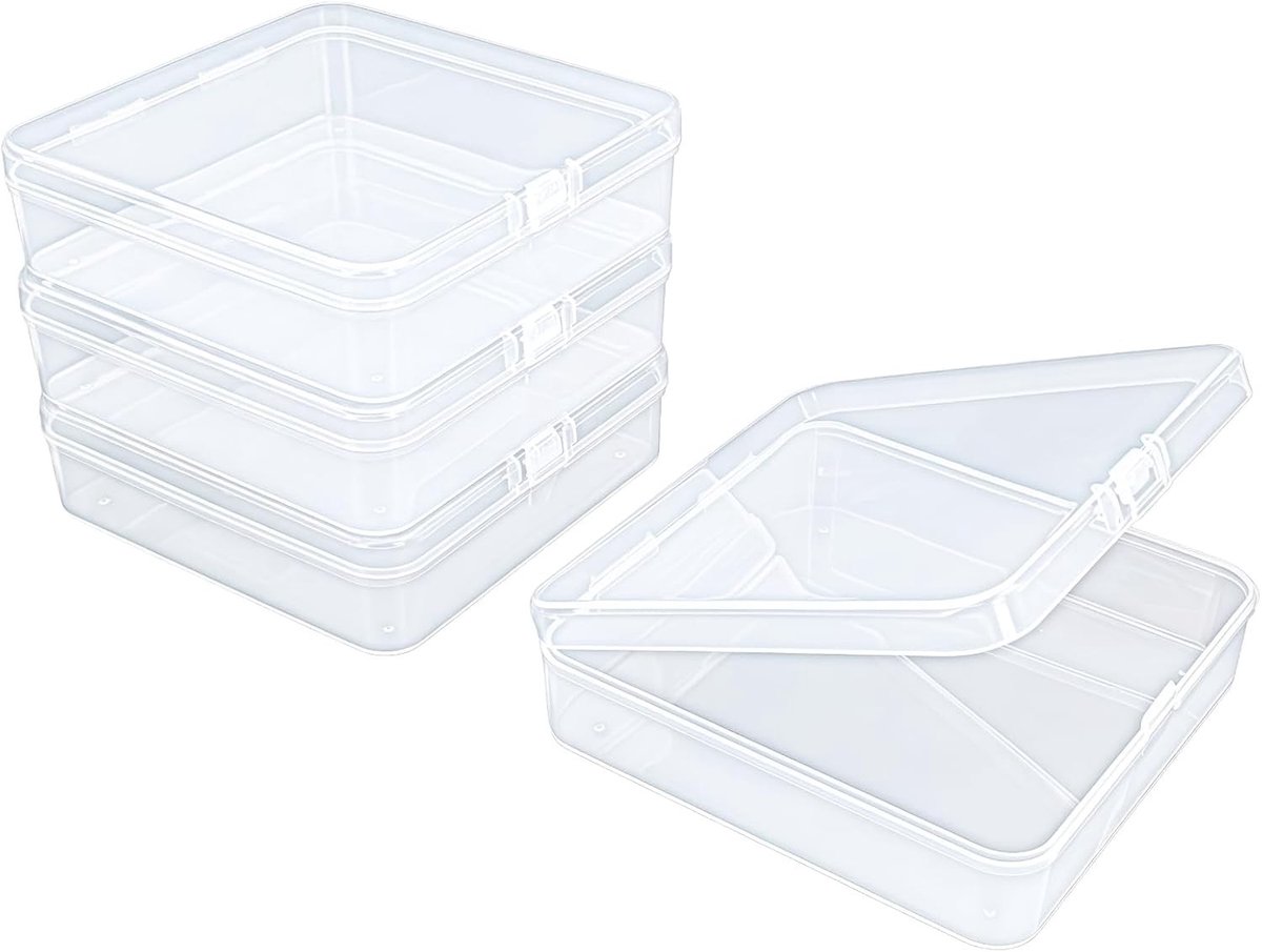 SnelShoppen - 4 Stuks Vierkante Duidelijke Plastic Organizer Dozen met Scharniereinden voor Kleine Voorwerpen en Knutselprojecten - 125x125x35mm - Duu