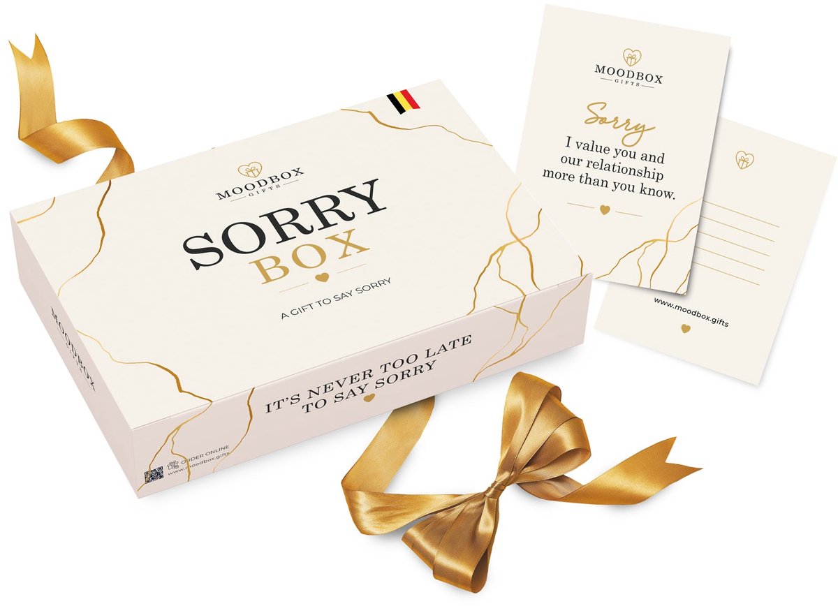 Moodbox Gifts - Sorry Box Prestige - Luxe Belgisch Cadeaupakket met Chocolade, Koffie, Thee en Lekkernijen - Gepersonaliseerde Boodschapkaart