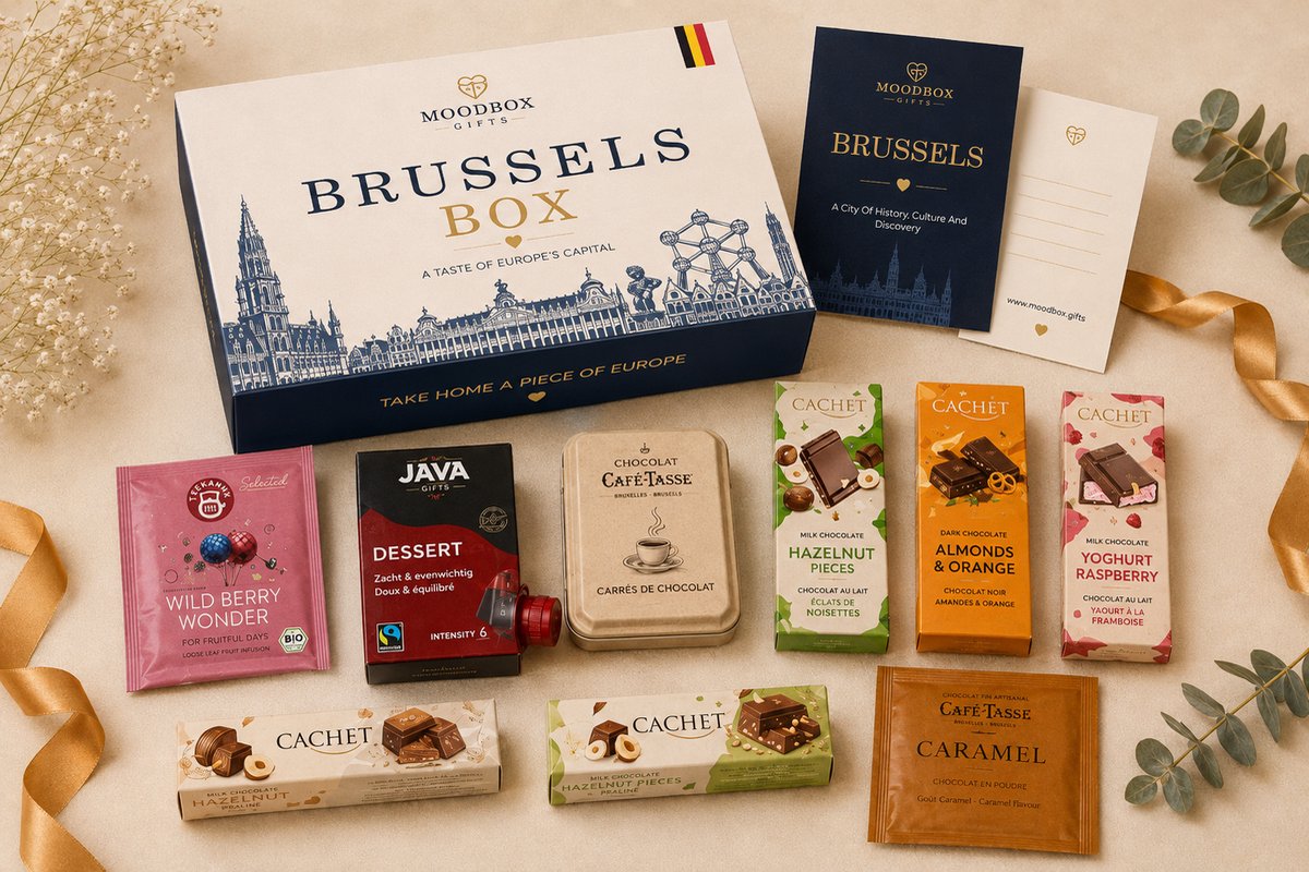Luxe Brusselse cadeaubox – Belgische chocolade, koffie, thee & lekkernijen – Gepersonaliseerde wenskaart – Moodbox Gifts – Brussels Box Select