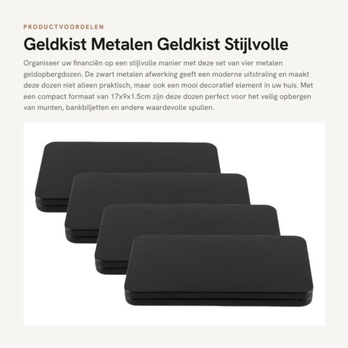 Geldkist - Metalen Geldkist - Stijlvolle Opbergoplossing - Zwart - Geldorganizer - Voor Contant Geld en Munten - 4 Stuks
