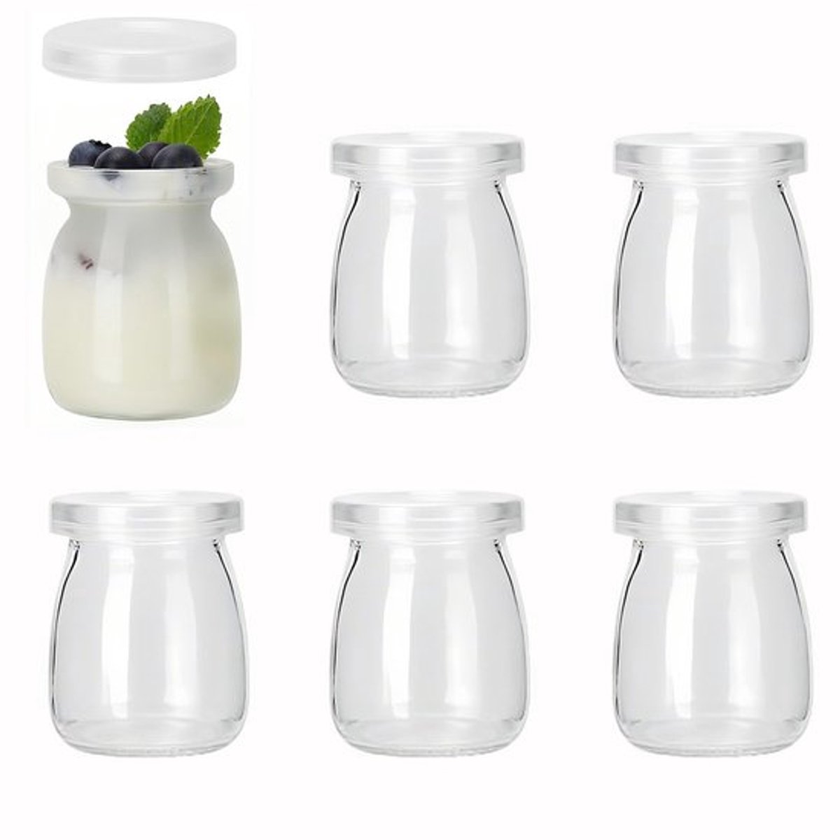 Yoghurtpot Set van 6 - Glazen Yoghurtpotten - Lekvrije Deksels - Reisformaat - Vaatwasserbestendig - Hoogwaardig Glas - Opbergpot