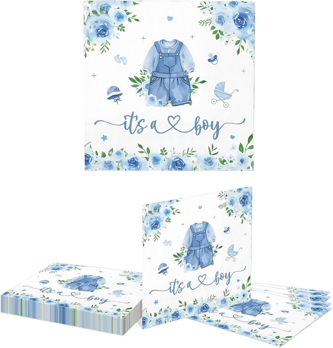 20 Stuks Baby Jongenskleding Servetten Waterverf Blauwe Bloemen 2-laags 33 cm Geschikt voor Babyshower, Doop en Verjaardagen