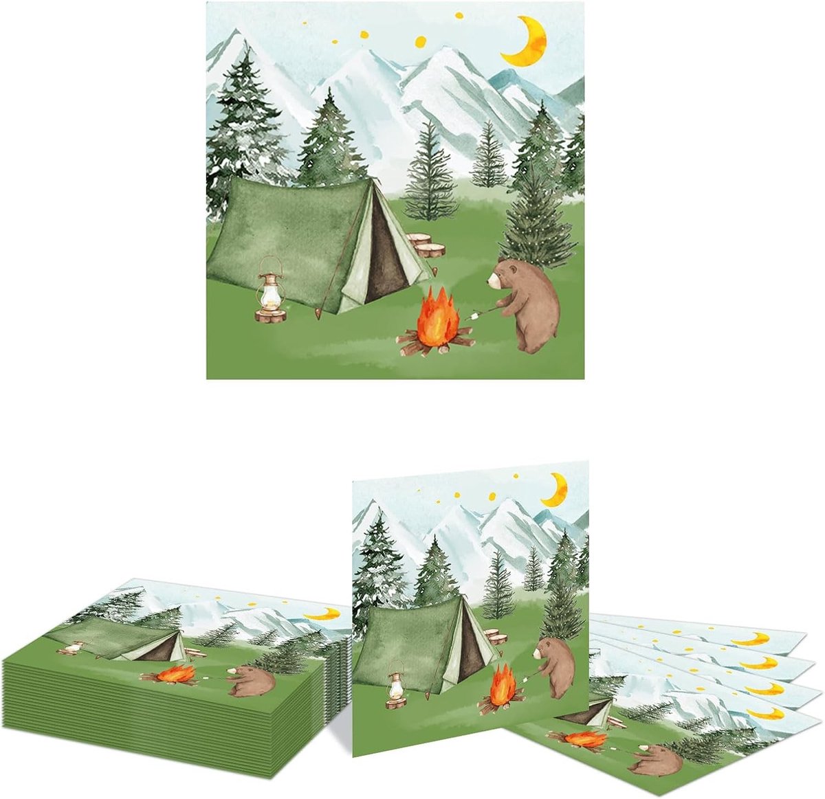 20 Stuks Papieren Servetten voor Campingfeestjes, Verjaardagsdecoraties met Tent, Kampvuur en Avontuurlijke Beren in het Bos