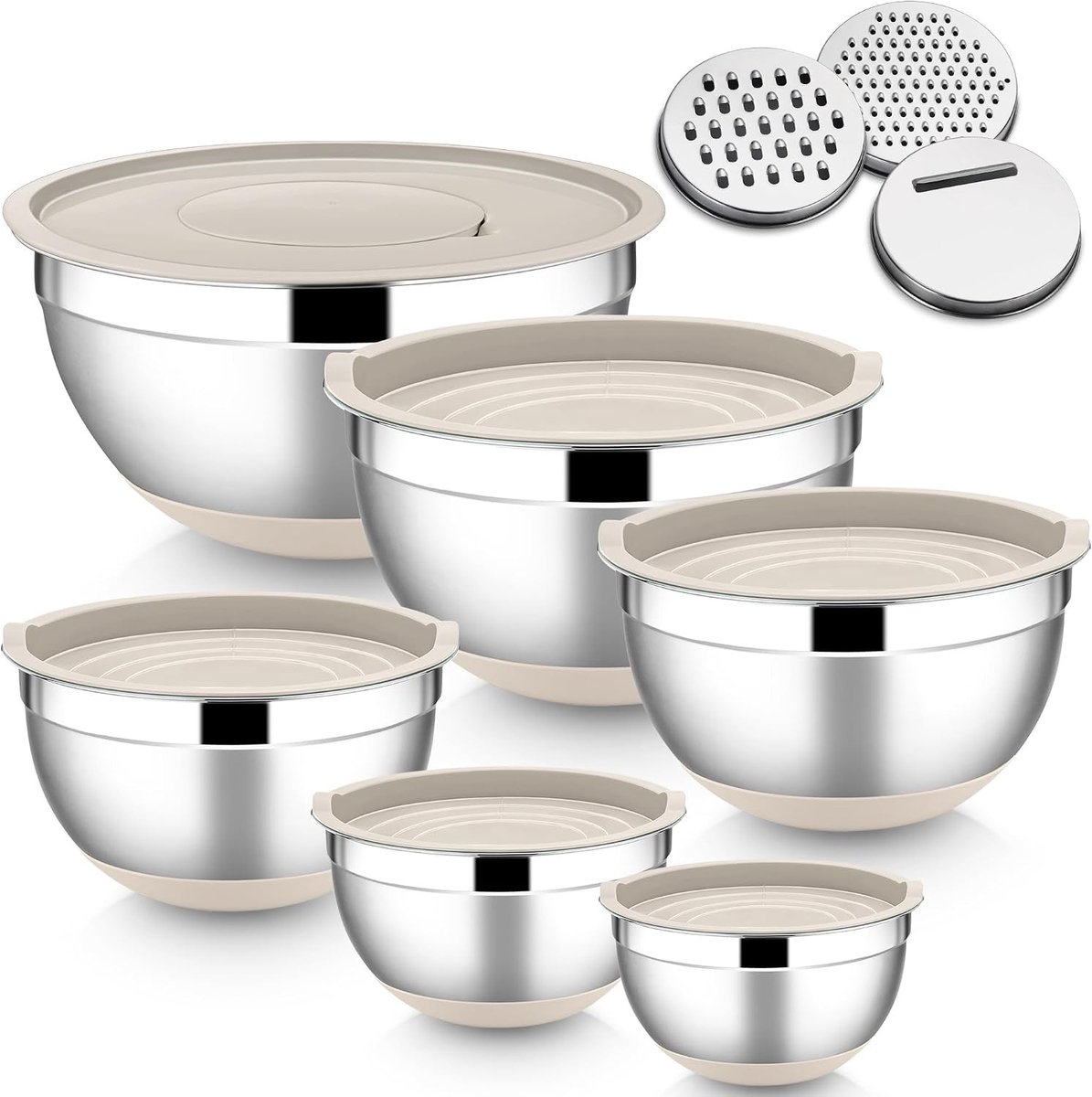 Set van 6 RVS Mengkommen met Luchtdichte Deksel en 3 Raspaccessoires, Diverse Maten, Antislip Silicone Basis en Vaatwasserbestendig