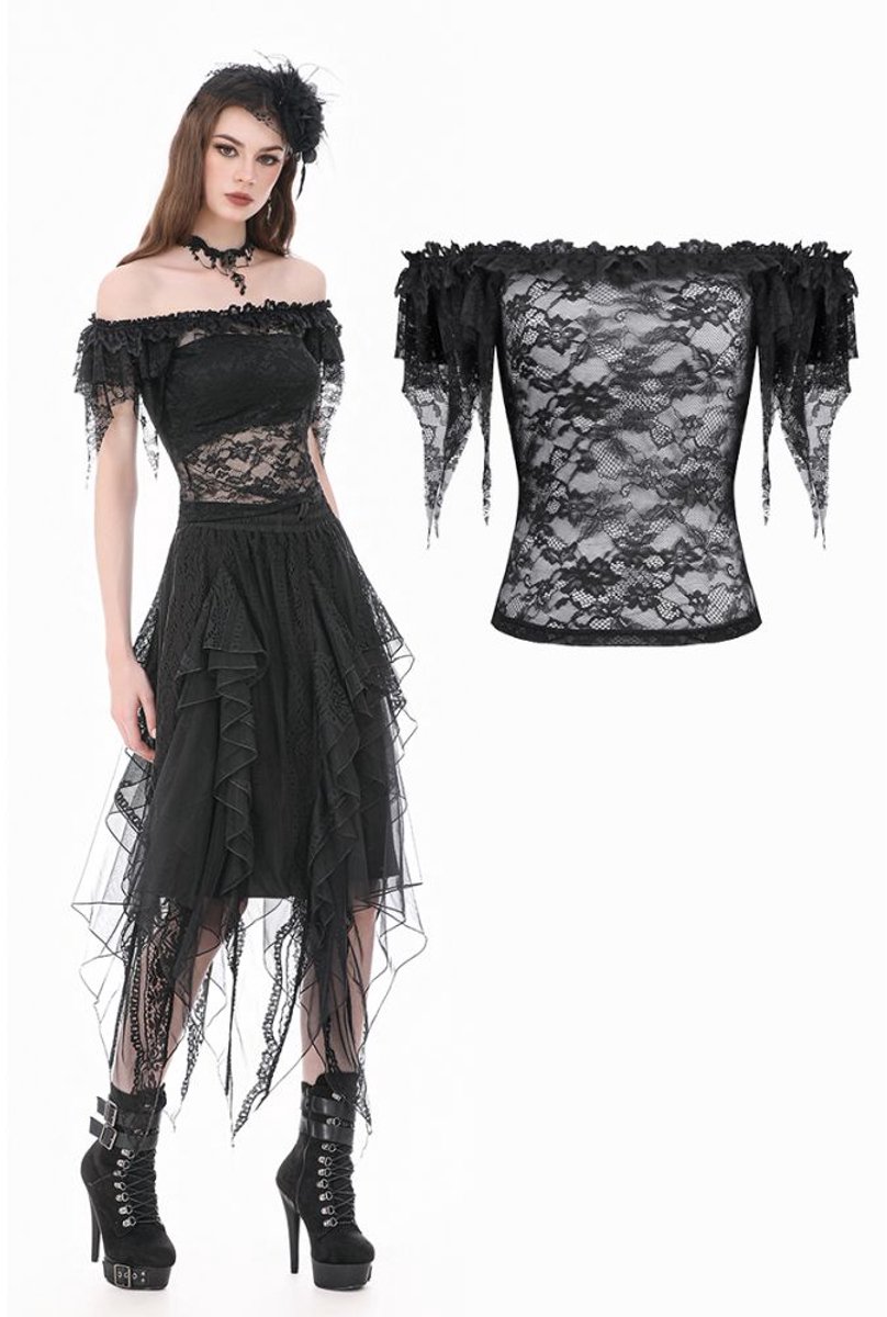 Dark in Love - Gothic Romantic OffShoulder Sheer Lace with Ethereal Winged Sleeves Top - M - Zwart