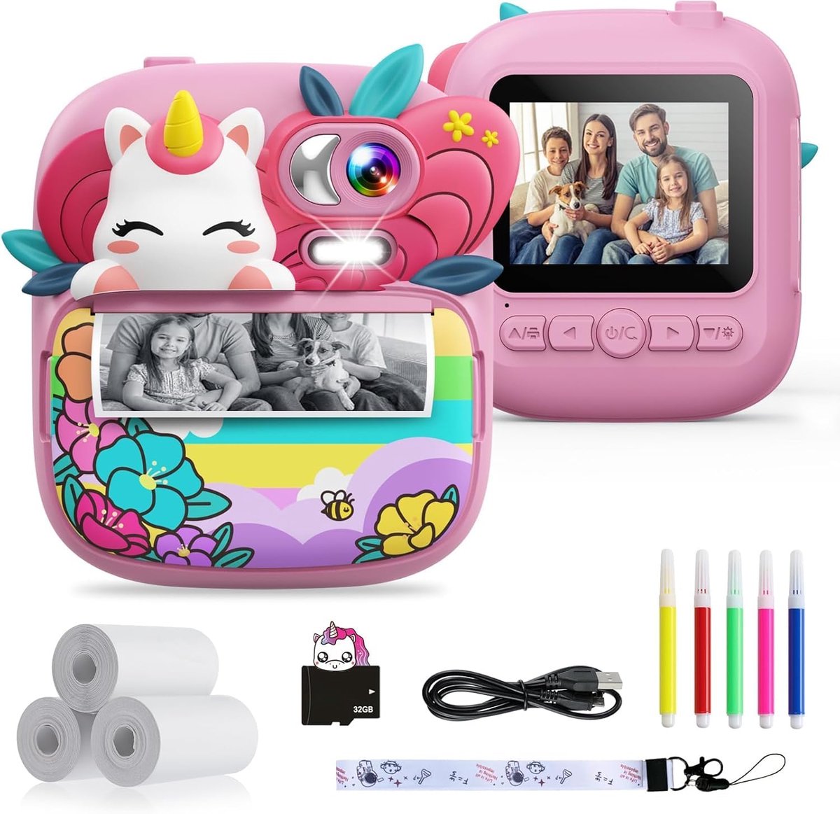 Instant kindercamera, 1080p 2,4 inch instant camera voor kinderen, met 32G-kaart en 3 rollen printerpapier, digitale camera voor kinderen met kleuren, cadeaus voor jongens en meisjes van 3 tot