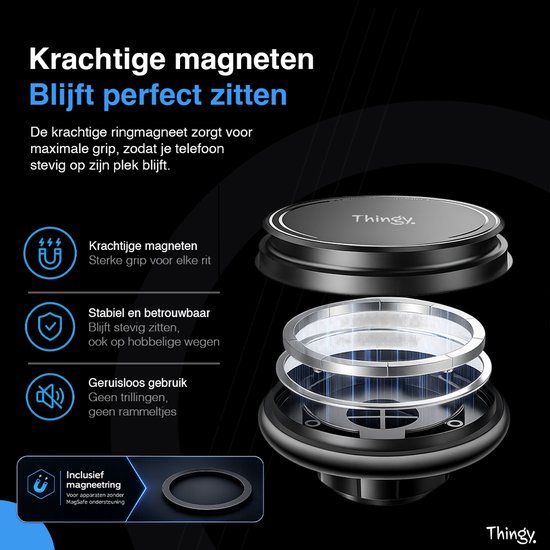 Close-up van de magneten in de zwarte Thingy telefoonhouder, met een magnetische ring erbij.