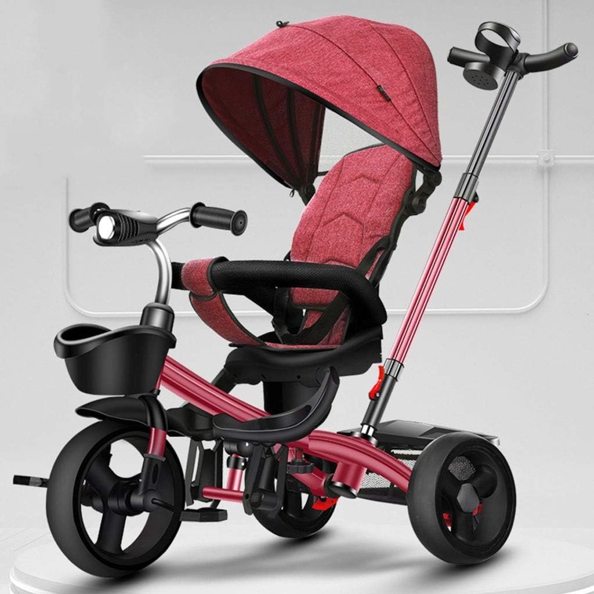 SnelShoppen - Opvouwbare Kindertrike Buggy Fiets met Pedalen, Verstelbare Zitting, Rotatie, Opbergruimte, Zonnescherm en Draagbare Kinderwagen in Rood