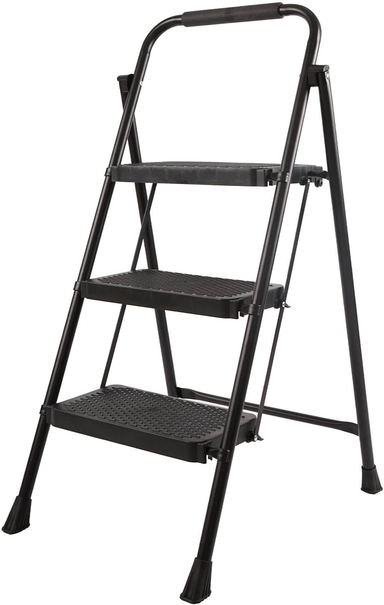 KOTARBAU® Huishoudtrap 3 Treden - Trapladder - Keukentrap - Gepoedercoat Staal - Inklapbare Trap - Opvouwbare Ladder - Stalen Huishoudladder - 69 cm - Antislip - Veiligheidsbeugel - Zwart