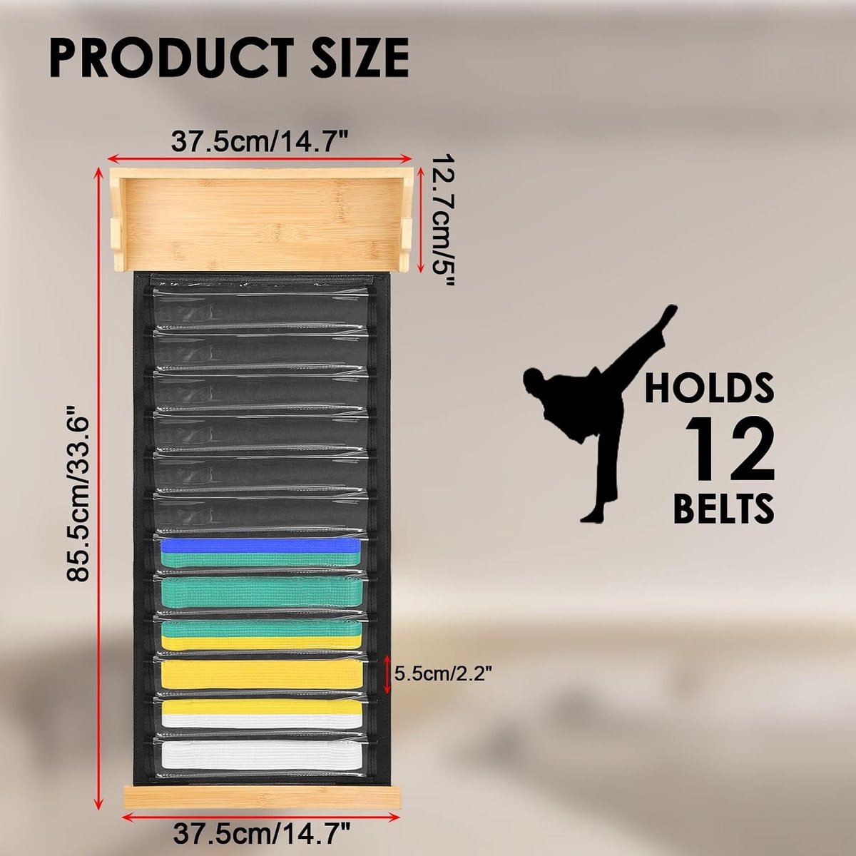 Dustproof Martial Arts Belt Houder voor 12 Straps - Wandmontage voor Taekwondo, Judo en Karate Medailles, Trofeeën en Certificaten