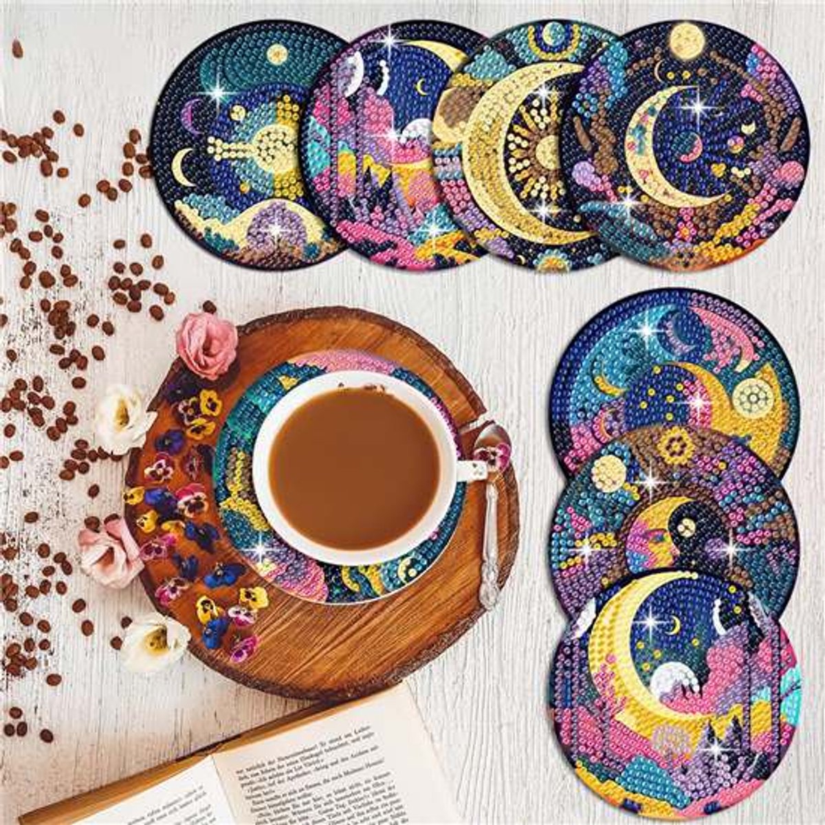 YYchan DIY Diamond Painting Onderzetters Set - 8 Stuks met Houder - Handgemaakt & Hittebestendig - Pakket Volwassenen en Kinderen - Maan