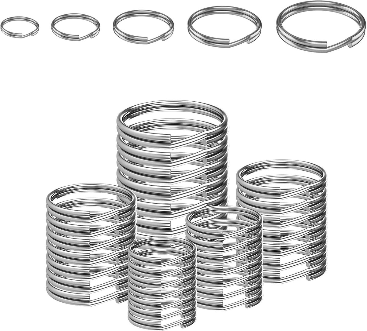 SnelShoppen - Pack van 100 Sleutelhangers, Sleutelhangers in 5 Maten (15mm, 20mm, 25mm, 30mm, 35mm), Platte Sleutelhanger met Opbergdoos voor Huishoud