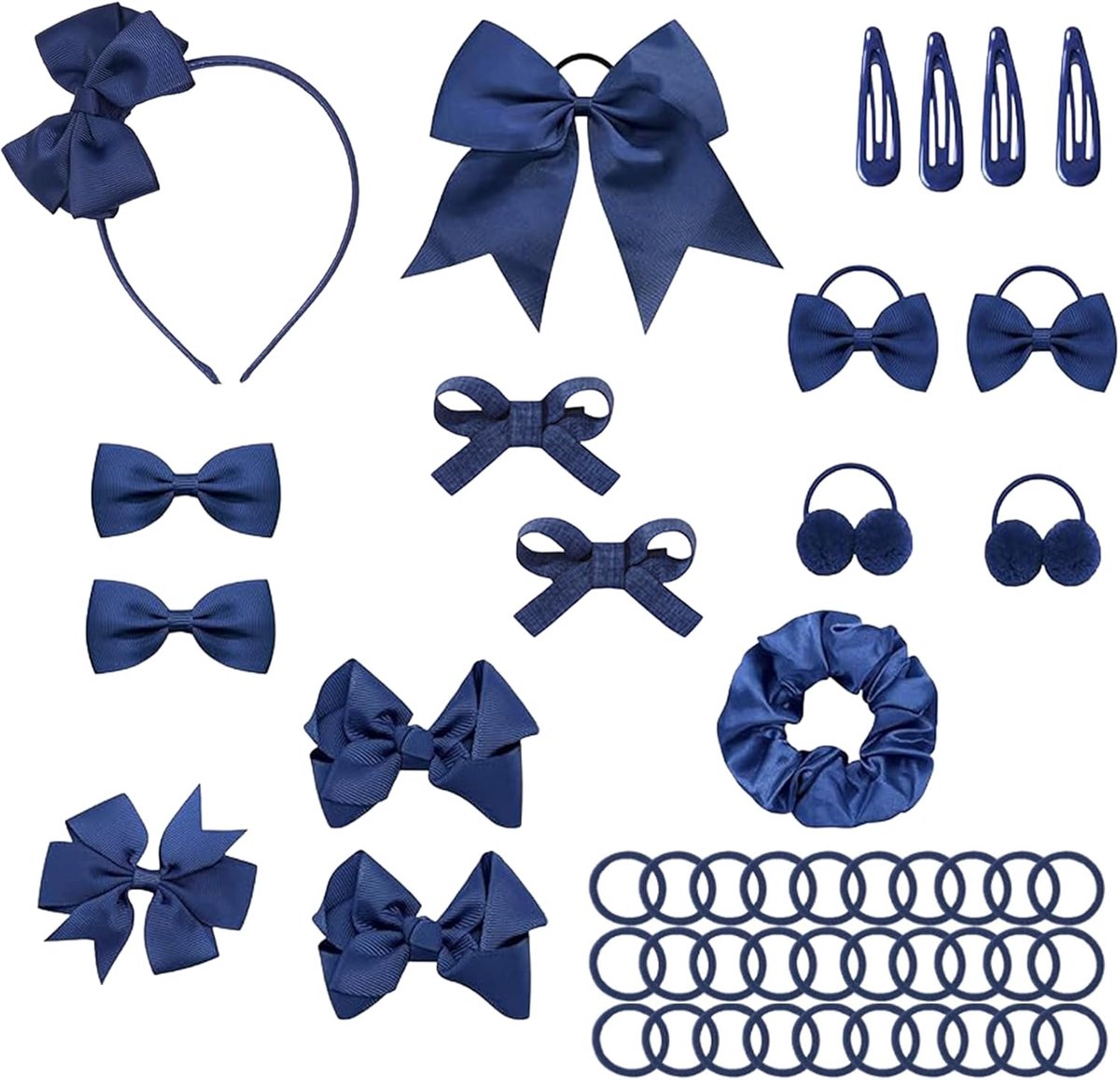 SnelShoppen - Haaraccessoires voor Meisjes, Navy Blauw - 48 Stuks Haarstrikken, Haarspeldjes, Ponytailhouders en Haarband voor Kinderen, School, Feest