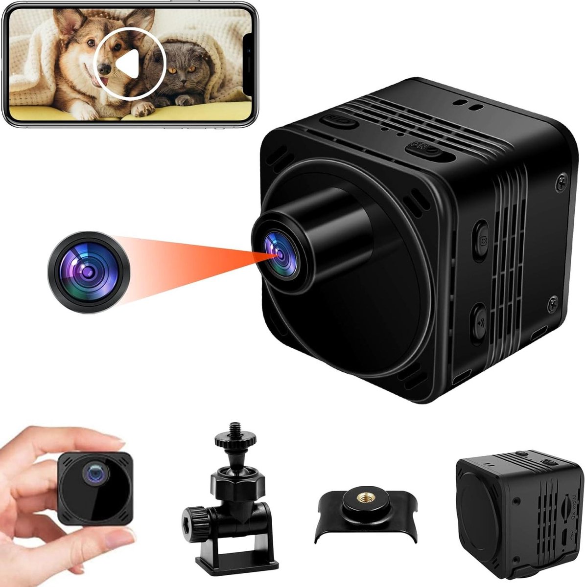 Mini Camera - Compacte Recorder - Beveiliging Thuis - 4K UHD WiFi - 4 x 4 x 4 cm - Zwart