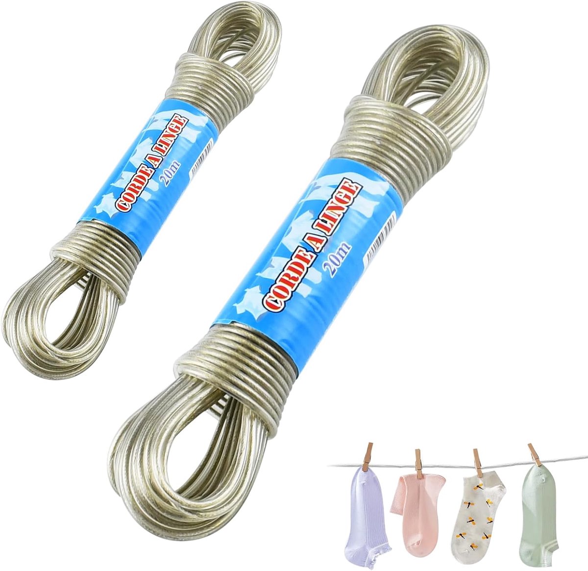 SnelShoppen - 2-delige waslijn voor buiten, kledinglijn met staalkern, 20 meter lang, 2 mm en 3 mm dik, ideaal voor tuin, camping en buitengebruik