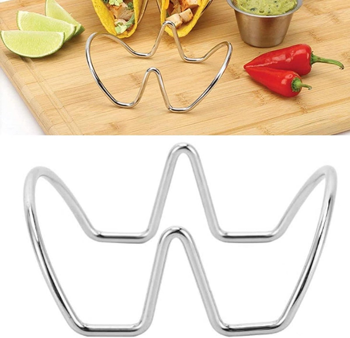 Tacohouder - Taco rek - Taco's presenteren - Dubbelzijdig U-vormig - 18 x 15 x 4 cm - Zilver