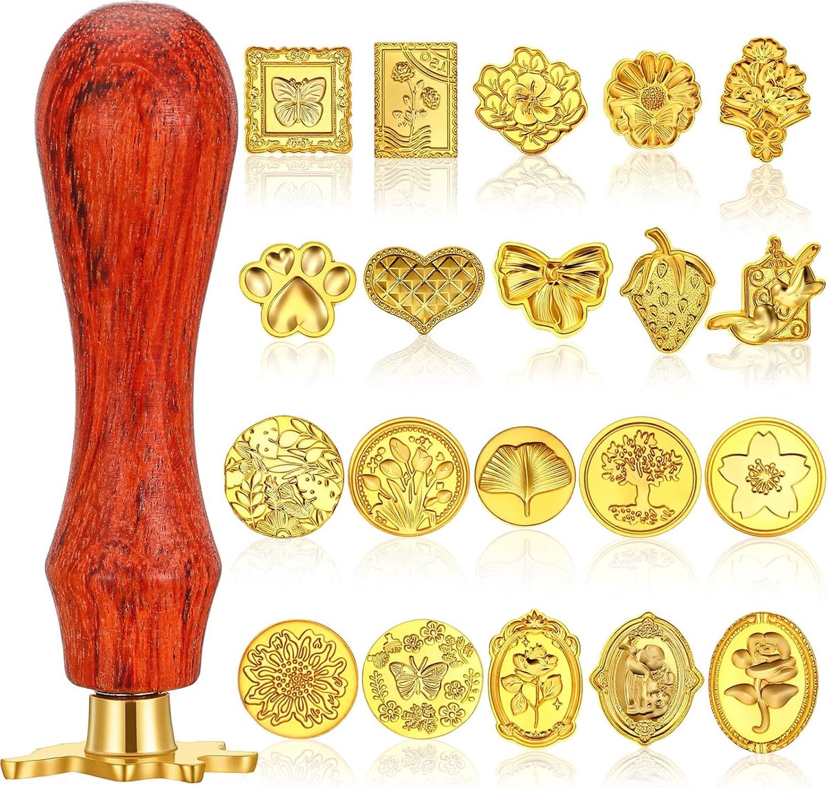 SnelShoppen - 20 Stuks Zegelstempelset, Kerststempel, Poststempel, Wasstempel met Houten Handvat, Gouden Bloemen voor Wenskaarten, Bruiloft, Verjaarda