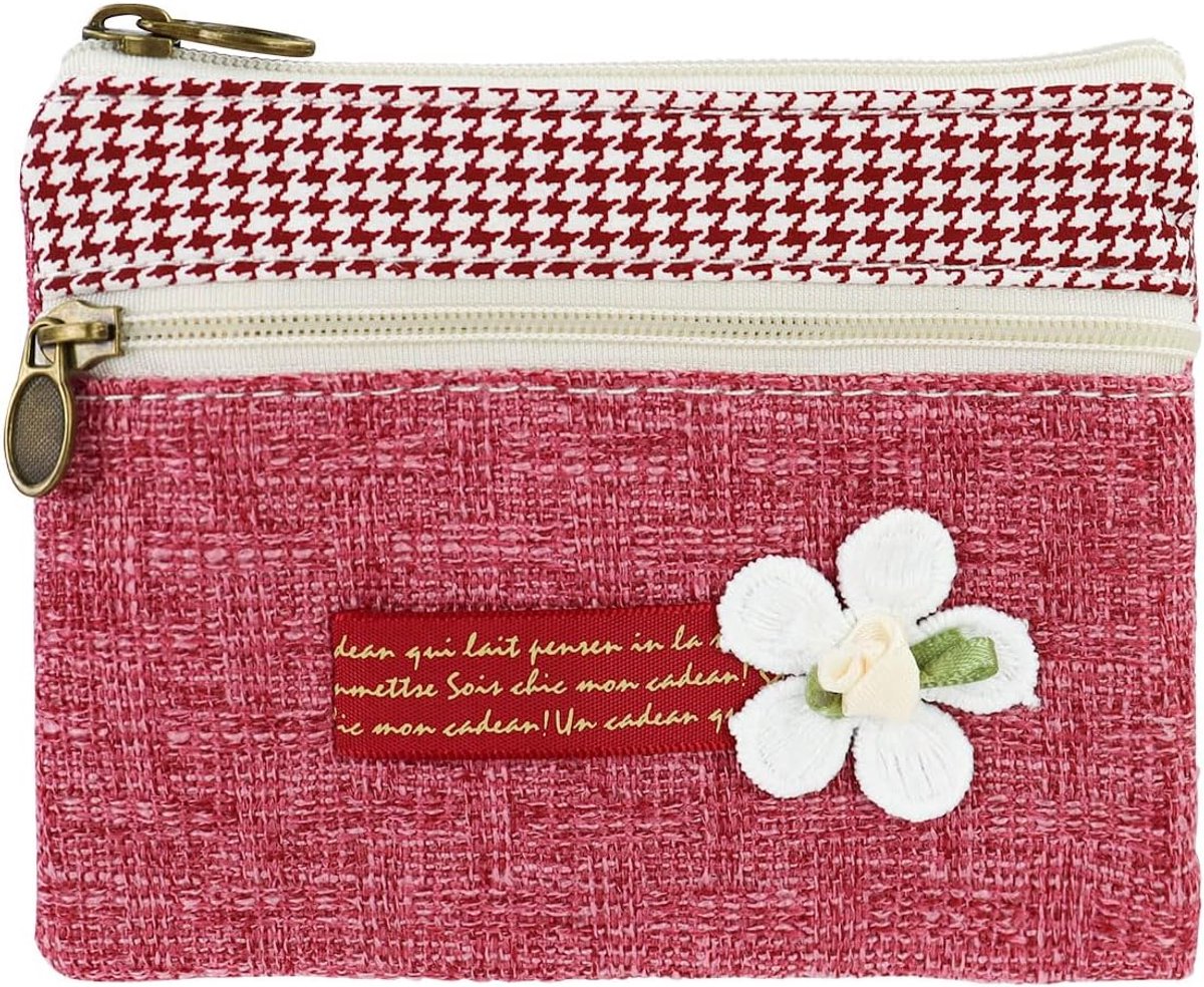 SnelShoppen - Bohemian Style Mini Handtas voor Vrouwen - Kleine Canvas Purse met 2 Ritsvakjes - Compacte Tas voor Muntjes, Cash en Kaarten - Bloemenro