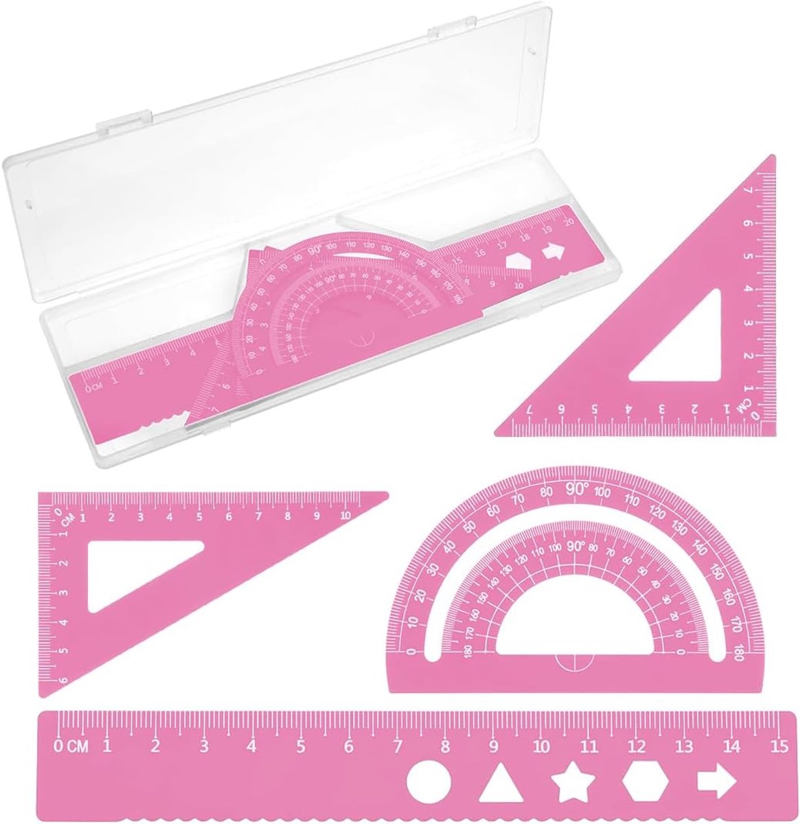 SnelShoppen - 4-delige Liniaal Set, Teken Driehoek en Protractor Liniaal Set, Aluminium Legering, Schoolliniaal, Meetset voor Leraren en Studenten, Bl
