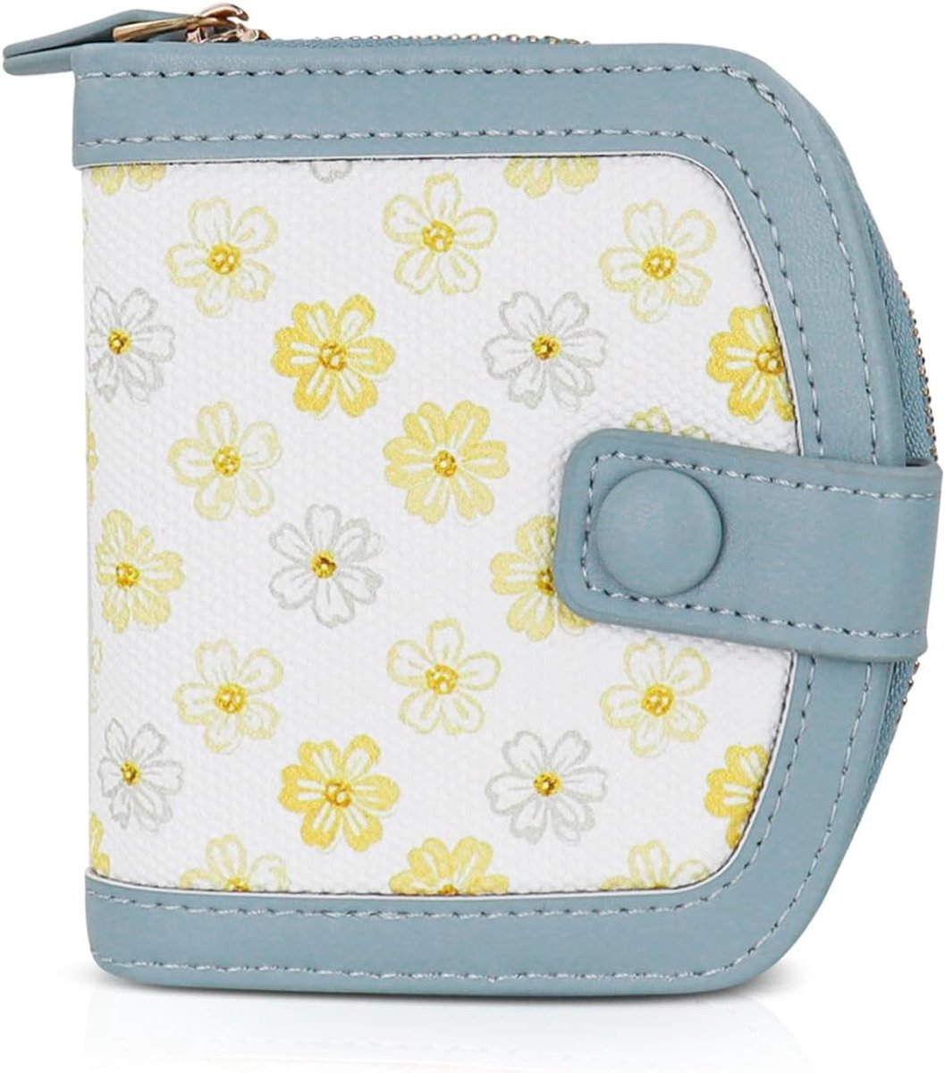 SnelShoppen - Damesportemonnee met Kleine Margrieten, Moderne PU Leren Portemonnee voor Vrouwen, Dubbele Kaartportemonnee met Muntcompartiment, Blauw,