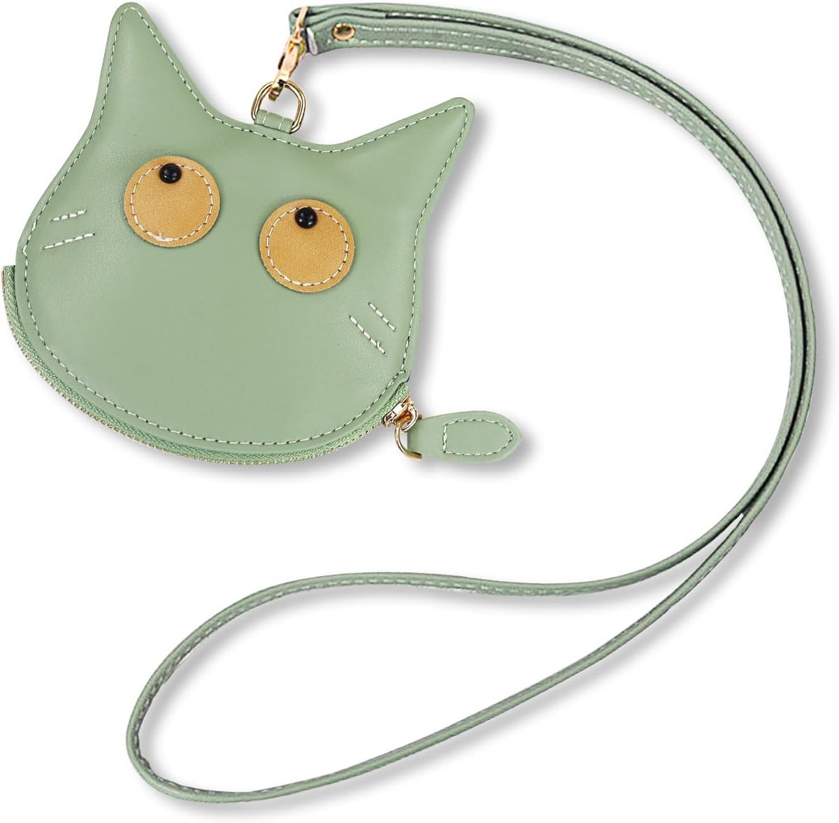 SnelShoppen - Schattige Kat Vorm Portemonnee, Dames Wallet met Rits, Lichtgewicht en Draagbaar, Zachte PU Leer met 40 cm Halsband, Groene Wallet voor