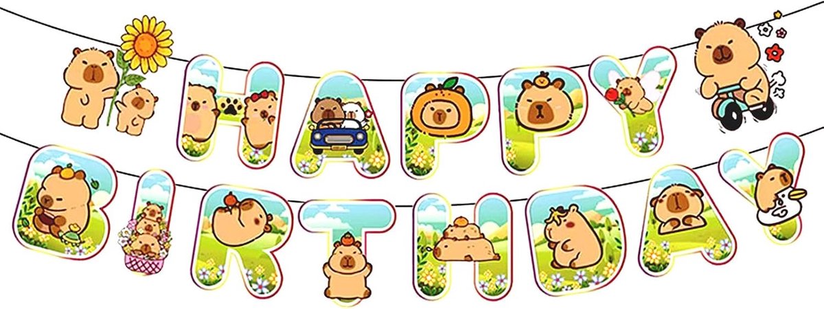 SnelShoppen - Capybara Happy Birthday Banner - Cartoon Garlands voor Feest, Kleurrijke Verjaardagsdecoratie, Stevig Karton, Voor Jongens en Meisjes, 1