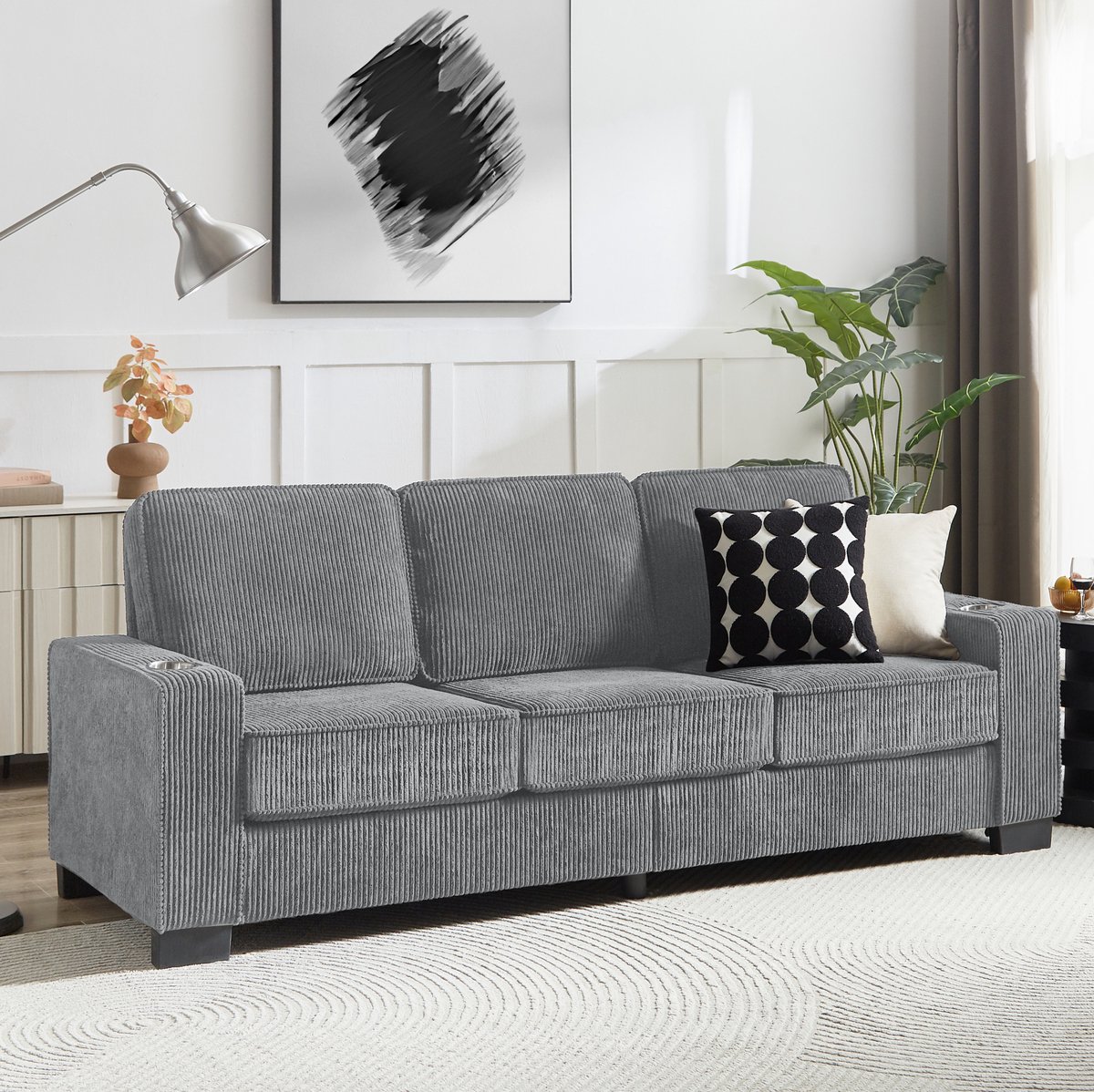 MIVRAY Zitbank 206 Cm - Modern 3-Zits Design Met Drinkhouders - Voor Woonkamer, Slaapkamer En Kantoor - Corduroy Grijs