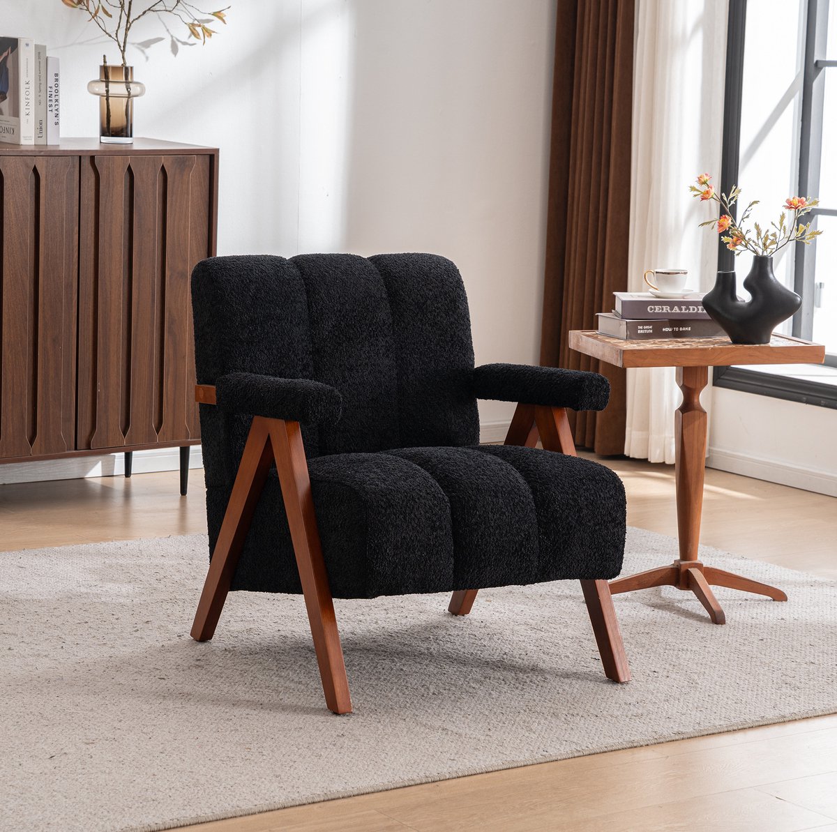 MODENUIT Fauteuil - Bouclé Armleuningstoel - Voor Woonkamer, Slaapkamer En Leeshoek - Houten Frame - Zwart
