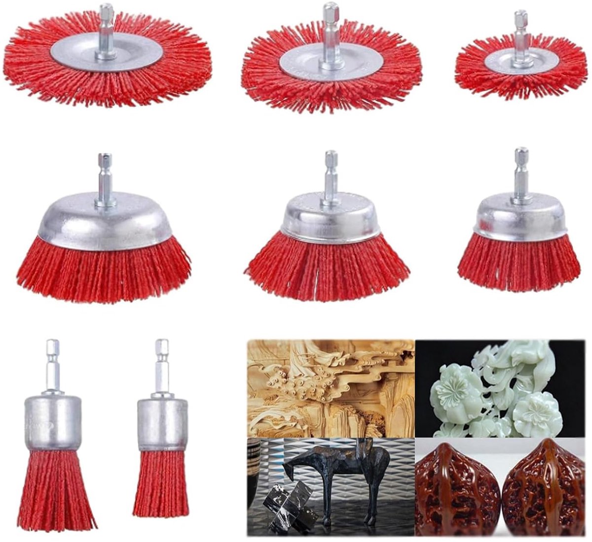 SnelShoppen - 8-delige Nylon Borstelset, Nylon Borstels voor Boormachine met 1/4 Inch Hex Aansluiting, Rood, Voor Snelle en Eenvoudige Roest- en Corro