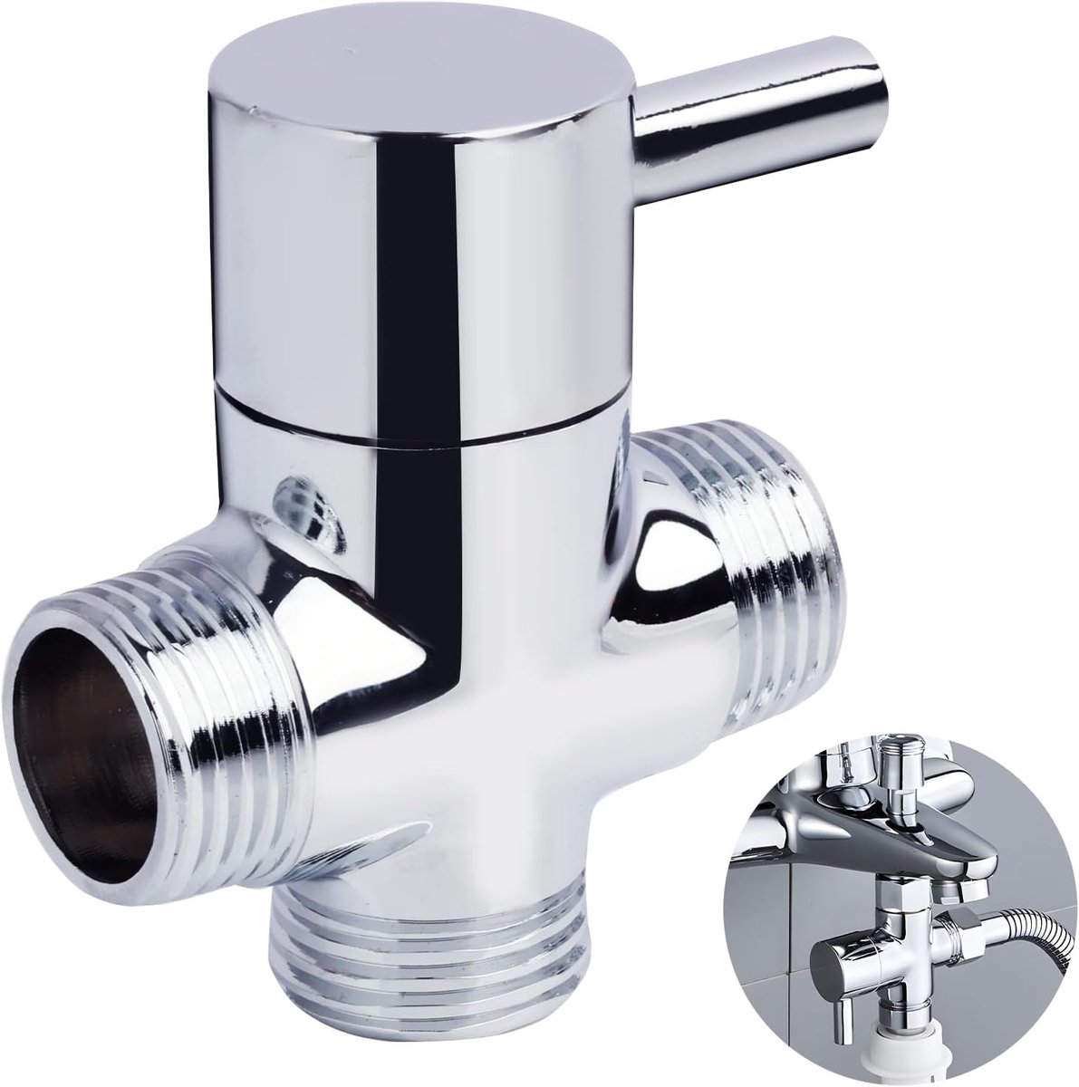 SnelShoppen - 3-Weg Doucheswitch Ventiel T-Adapter, Massief Messing met Chroom Afsluiter, G1/2 Mannetje Ingang x G1/2 Uitgang, Eenvoudige Installatie