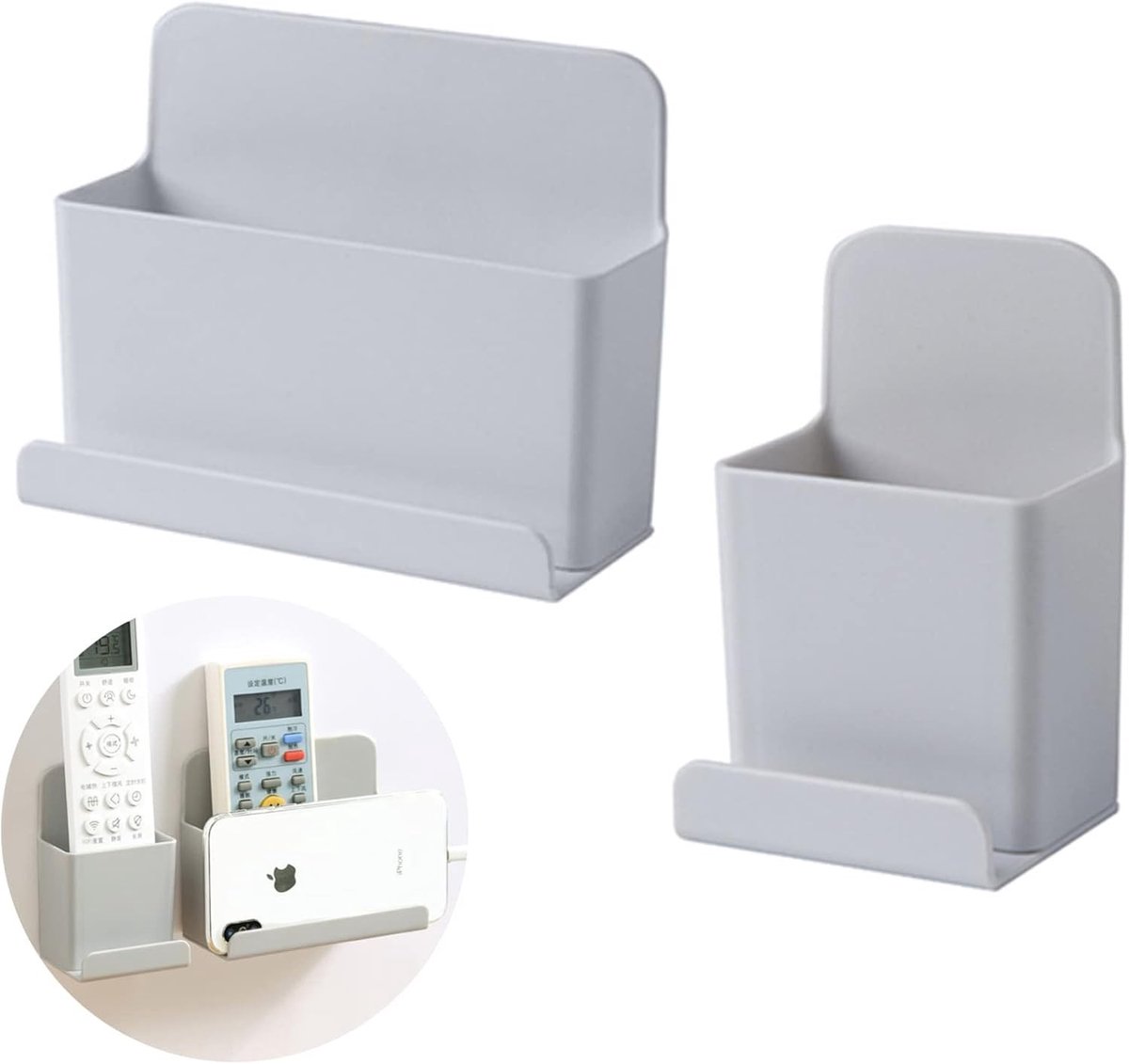 Set van 2 Opbergdozen voor Muurbevestiging, Zelfklevend, Organiser voor Afstandsbediening en Telefoon, Beschadigt Geen Muren