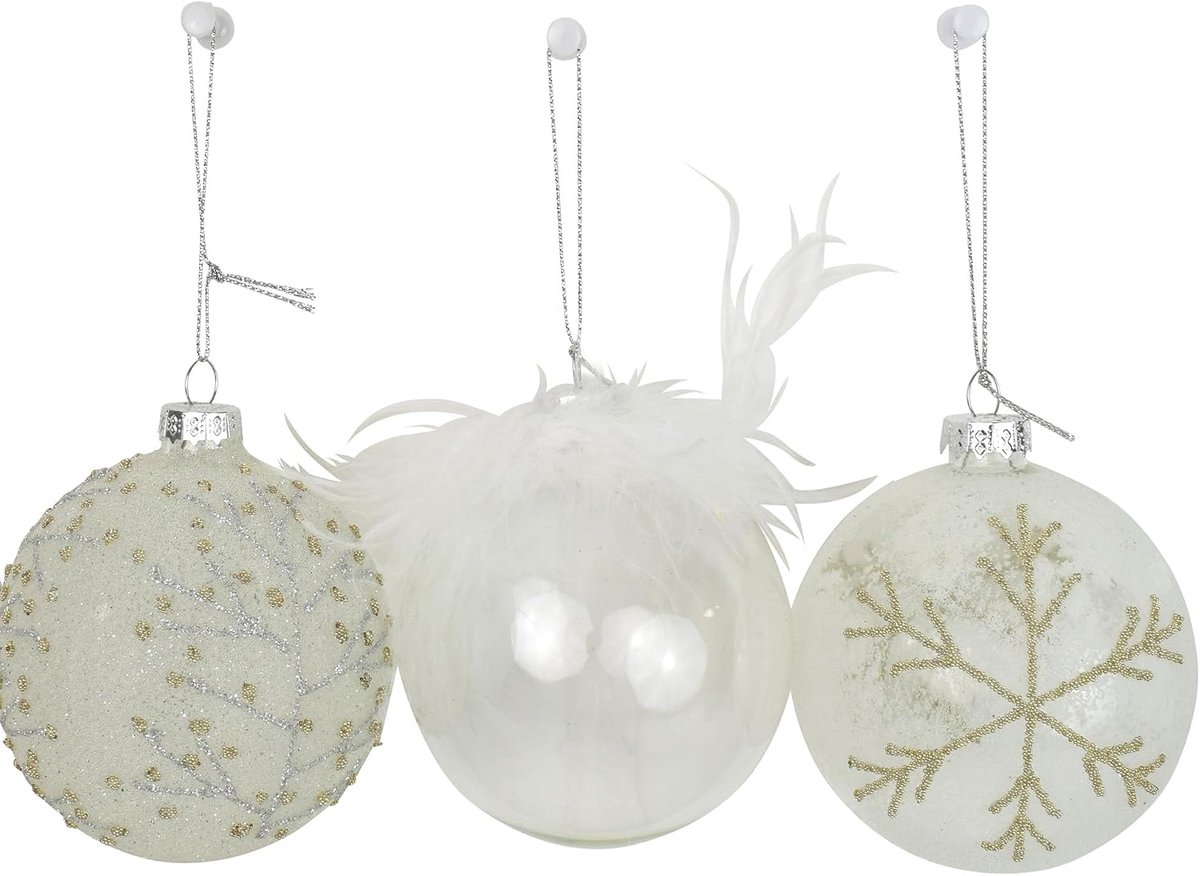 Kerstballen Set - Kerstdecoratie Ballen - Kerstboom Versieren - Echte Glas Decoratie - 8 cm - Zilver Wit – foto 2
