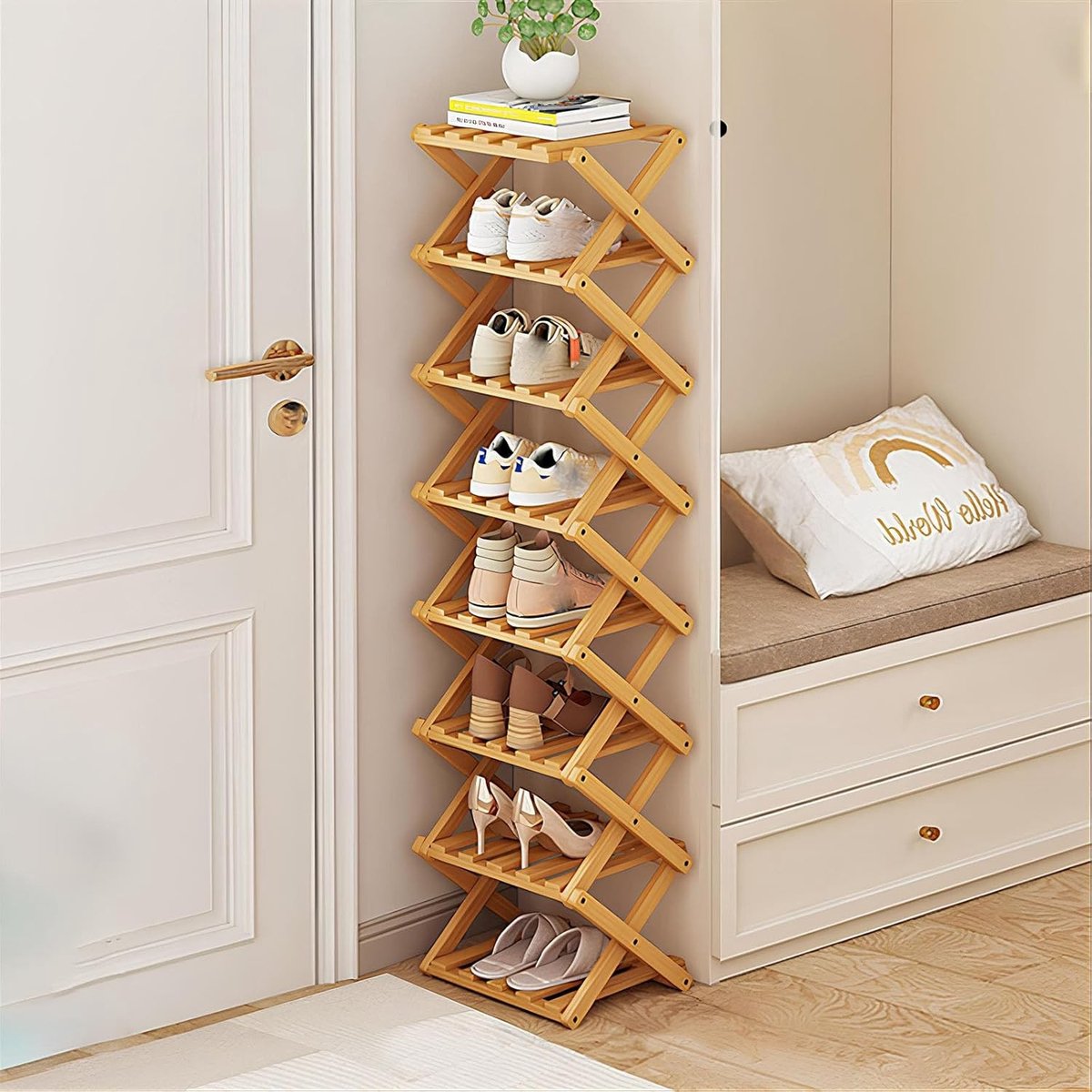 Vouwbaar Bamboe Schoenenrek voor Kleine Ruimtes, 8 Niveaus | Schoenen Organizer voor Hal, Slaapkamer en Woonkamer, Ruimtebesparend en Vrijstaand