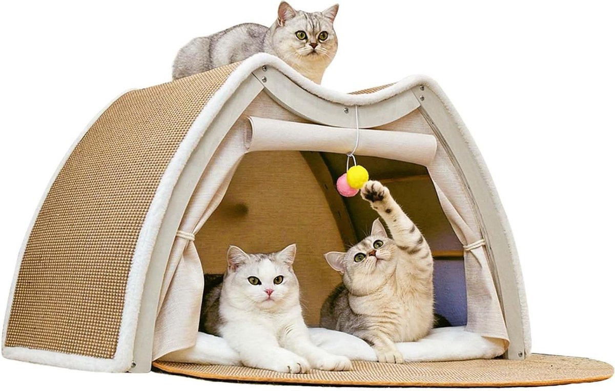Kattenhuis Krabpaal - Kattenmeubel - Rusten Spelen - 2-in-1 Ontwerp - 62 x 50 x 43 cm - Beige