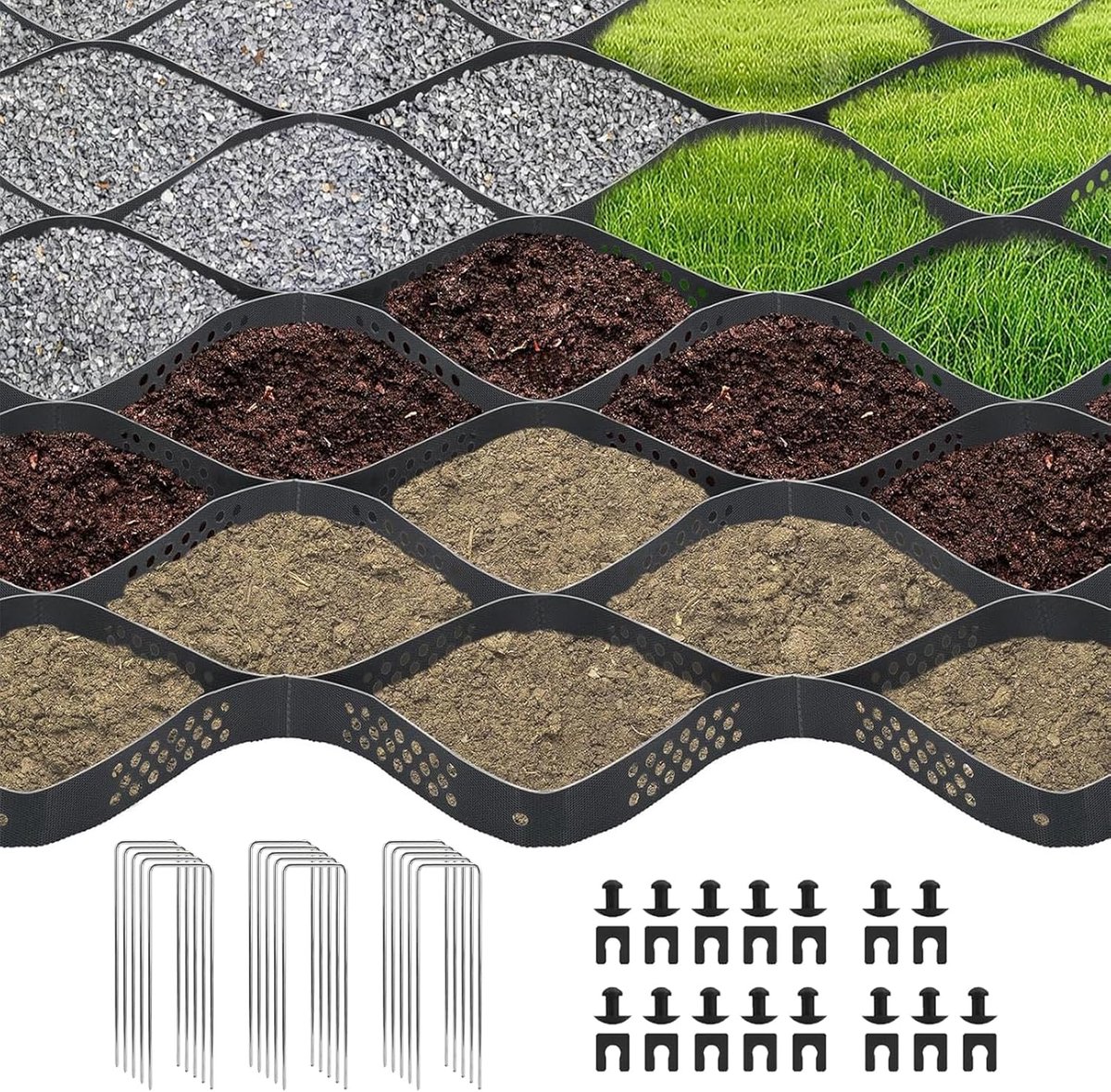 SnelShoppen - 10 x 3 m Gazonrooster, 5 cm Hoog, Grindrooster voor Bodemstabilisatie, HDPE Materiaal, Tuin, Zwart, Geschikt voor Alle Grondsoorten
