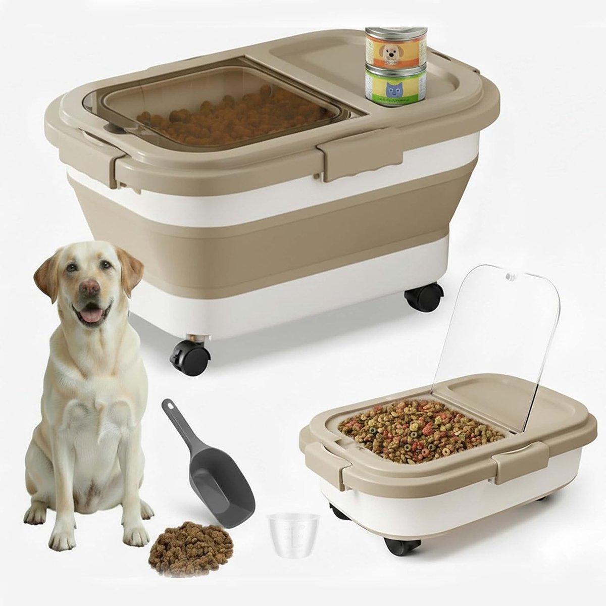 Opslagbox voor hondenvoer, opvouwbare voedertrog met maatbeker en lepel, 8-10 kg capaciteit, met wielen voor eenvoudig vervoer, ideaal voor droog kattenvoer en hondenvoer