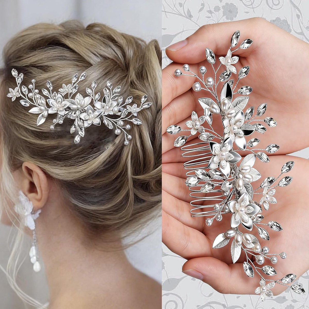 Flower Wedding Hairpins Leaf Bridal Hairpins with Peals, Parel Bruids Haar Kam Slide Zilveren Bruid Hoofddeksels - ShopVlot