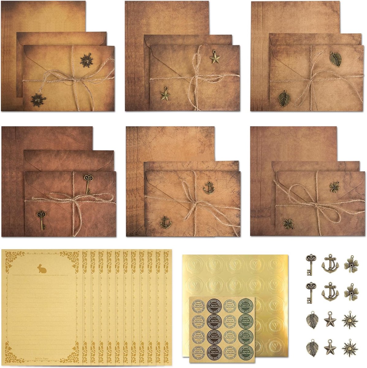 SnelShoppen - Vintage Briefpapier Set met Enveloppen, 74 Stuks Antiek Briefpapier, 12 Kraft Papieren Enveloppen, 36 Vintage Pergament Papier, Retro Sl