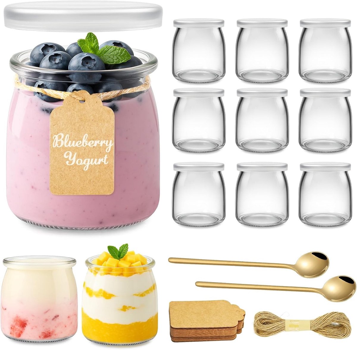Yoghurtpotjes met Deksel en Lepel - Helder - Kleine - Gehard Glas - Voor Desserts en Bewaring