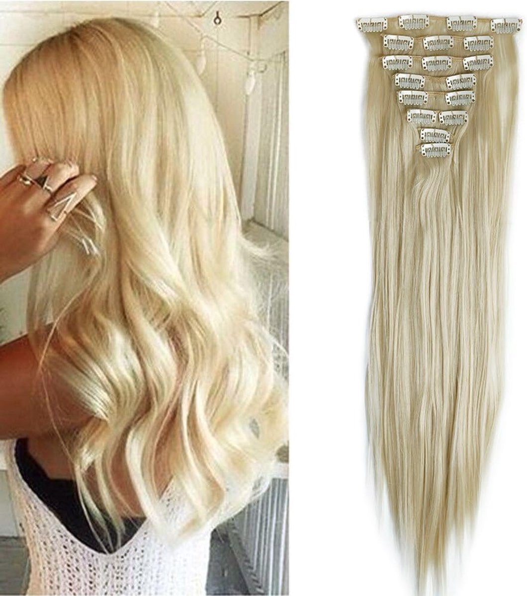 SnelShoppen - Clip in Haar Extensions 8 Tressen Natuurlijk Lijkend Recht Bleached Blonde 23" (58cm) - 140g Haarstuk voor Feest en Dagelijks Gebruik
