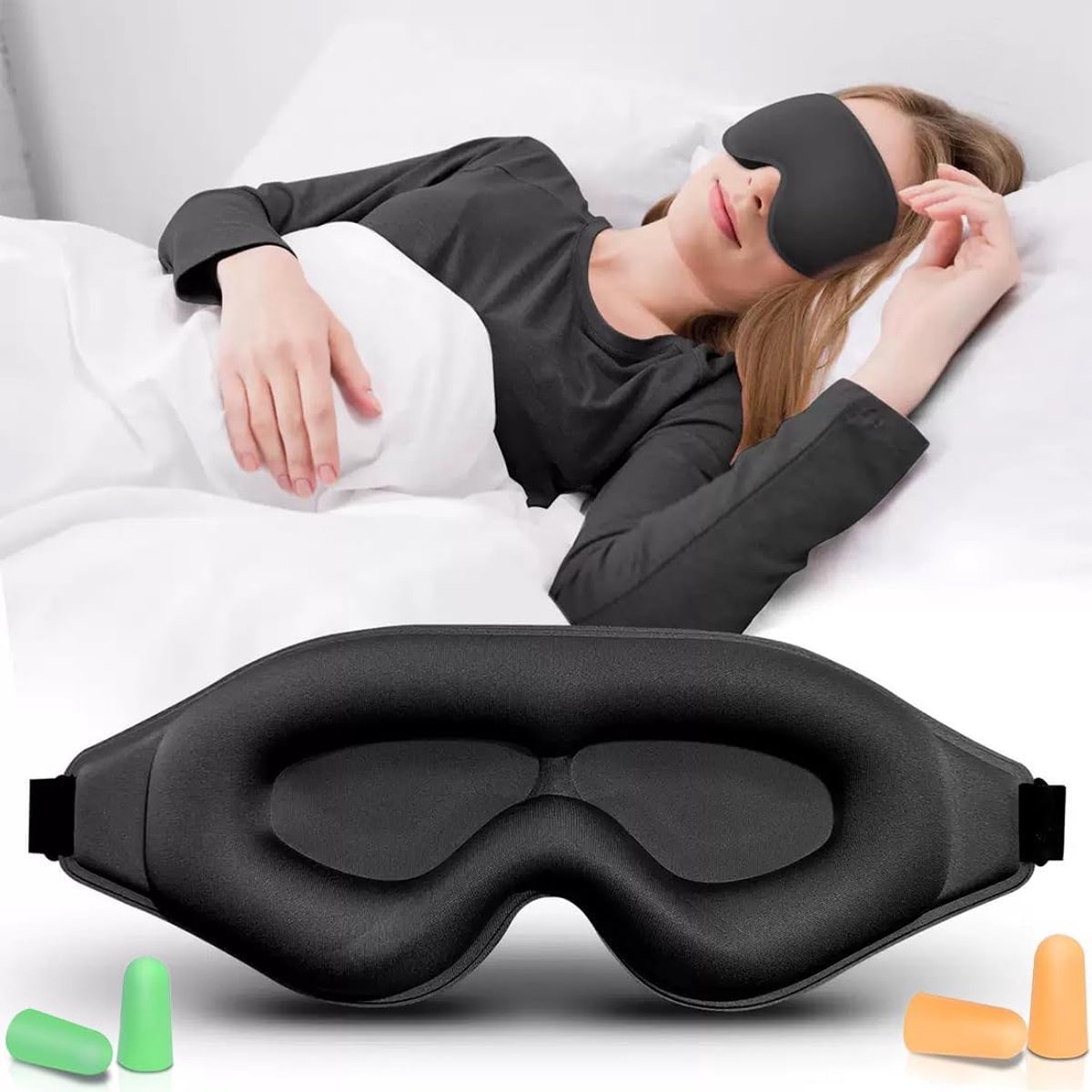 SnelShoppen - 3D Slaapmasker met Oordopjes Set - Ergonomisch Oogmasker voor Dames en Heren - Oranje en Groen - Ideaal voor Thuis, Reizen en Vliegtuig