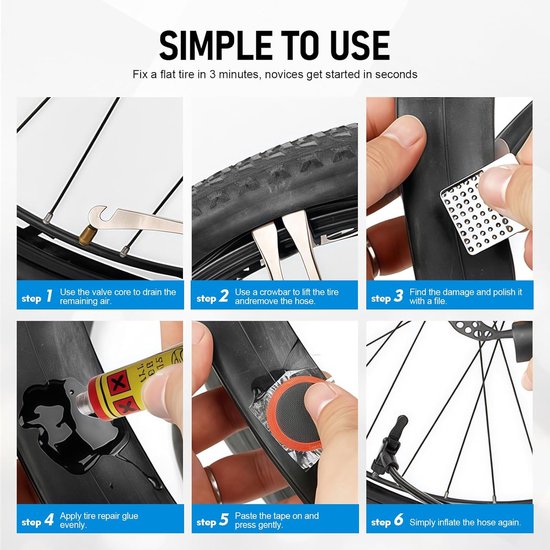 Fietsband Reparatiekit - Bandenplak Set - Onderweg Repareren - Zelfklevend en Vulkaniserend - 128 Delen - Multicolor — afbeelding 5