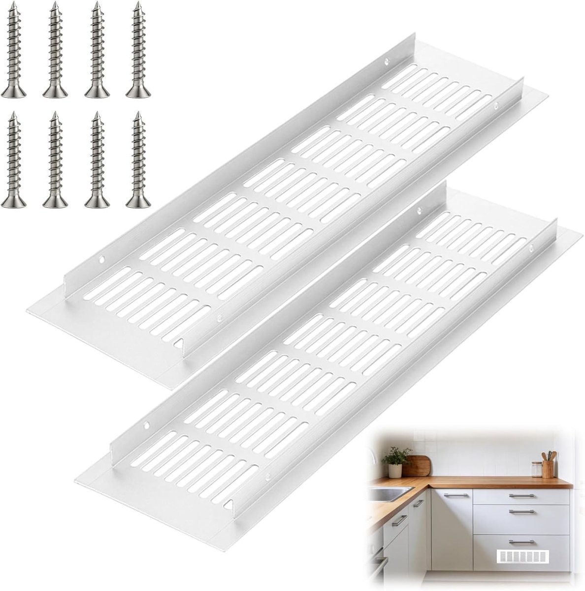 SnelShoppen - Set van 2 rechthoekige ventilatieroosters van aluminium, 8 x 30 cm, voor deur, keuken, kast, badkamer, met 8 schroeven, duurzaam en roes